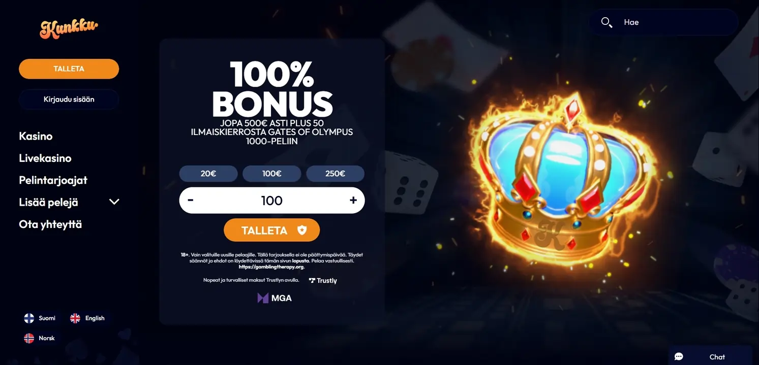 Kunkku Kasinon peliaula, jossa mahdollisuus talletukseen, tietoa tervetulobonuksesta, valikko ja iso kultainen ja neonvihreä kruunu