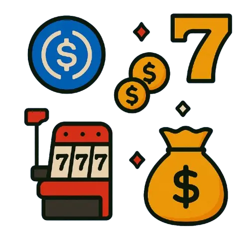 USDC Casinos symboleita kuten numero seitsemän, kolikkopeli ja rahasäkki
