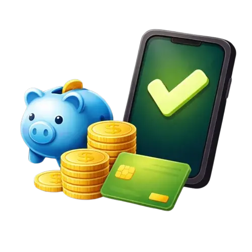 Sininen säästöpossu, kolikkopino, vihreä pankkikortti ja puhelin, jonka näytöllä hyväksyntä merkki
