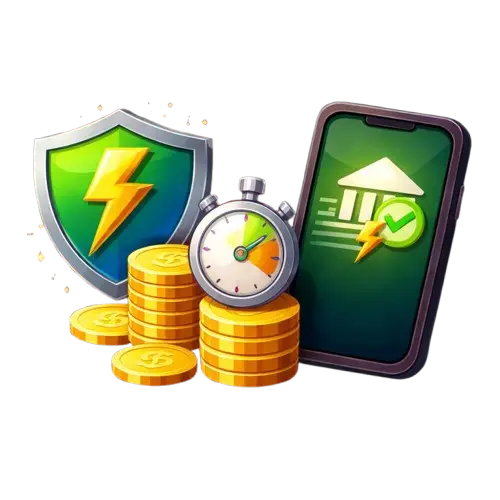 Kilpi, jossa kultainen salama, kolikkonippu, jonka päällä ajanottokello ja puhelin, jossa pankkisymboli,salama ja hyväksyntä symboli