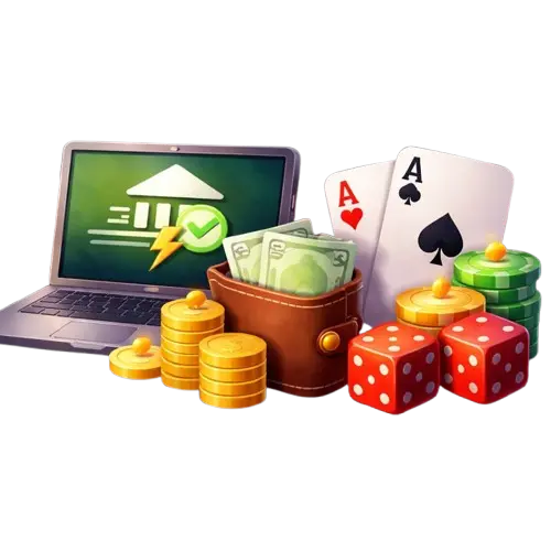 Tietokone, jossa erilaisia symboleita ruudulla. Kultainen kolikkopino, säkki, jossa seteleitä. Pelikortit, nopat ja pelimerkit