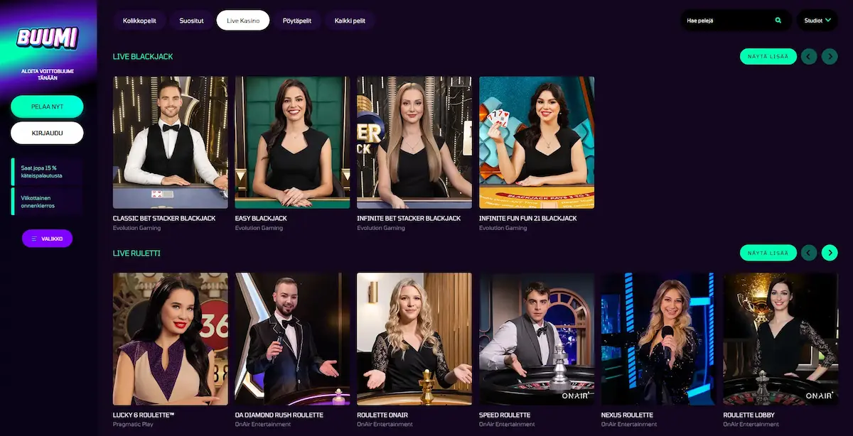 Buumi live kasino blackjack ja ruletti pelit
