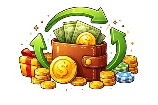 Lompakko, josta nousee seteleitä ja kolikko. Sen ympärillä on kolikkopinoja ja pelimerkkejä sekä vihreät nuolet ympyrässä.