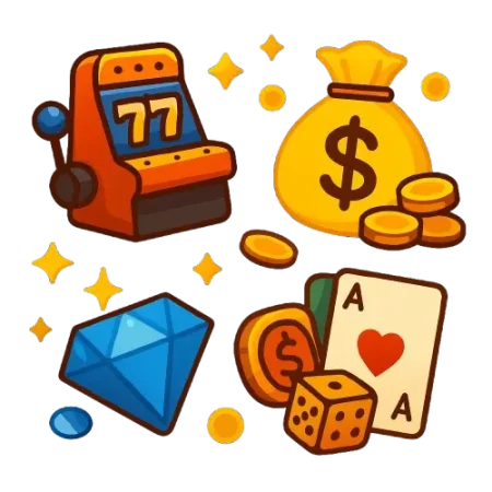 Pelikone, rahasäkki, jossa dollarin symboli, timantti, pelikortit ja nopat