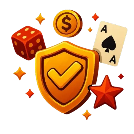 Kilpi, punainen tähti, pelikortti, dolarin kolikko ja noppa