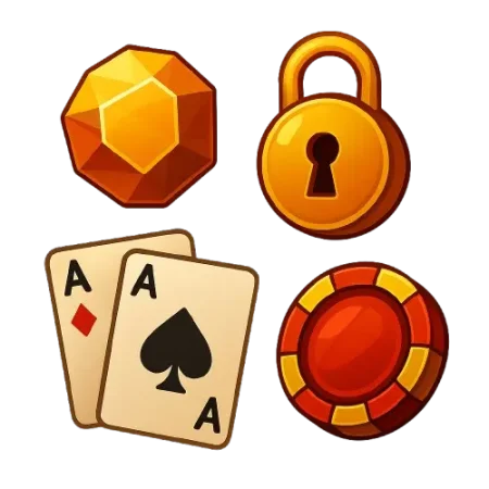 Kultainen timantti, lukko, pelimerkki ja kaksi pelikorttia