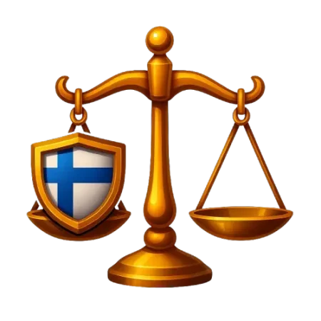 Vaaka, jossa toinen puoli tyhjä ja toisella puolella Suomen lippu