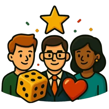 Kolme ihmistä rivissä, joiden päällä tähti ja edessä noppa ja sydän.