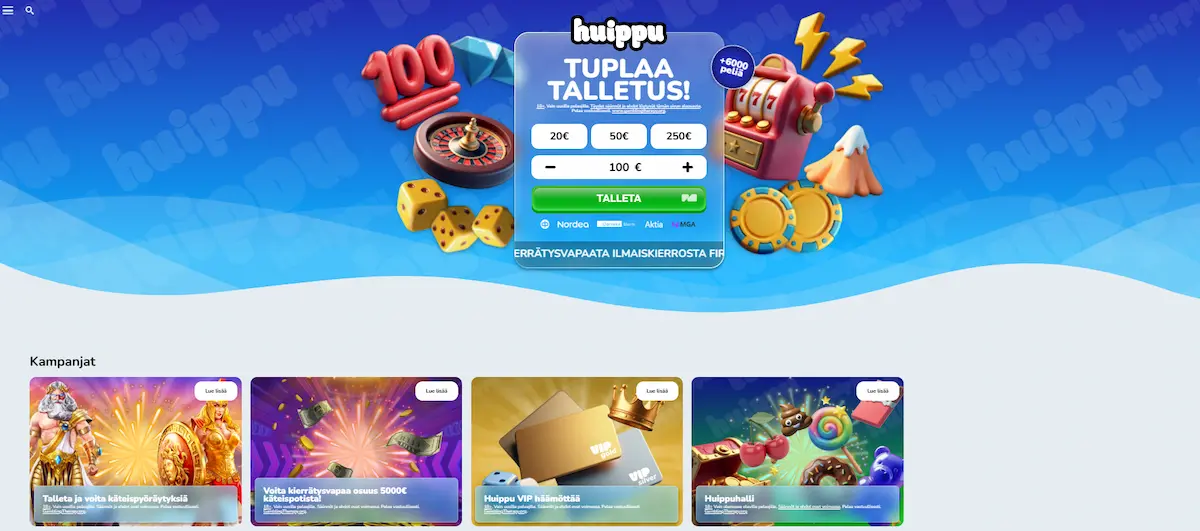 Huippu Casinon peliaula, jossa näkyy suosituimmat kasinopelit, tietoa tervetulobonuksesta ja mahdollisuus talletukseen