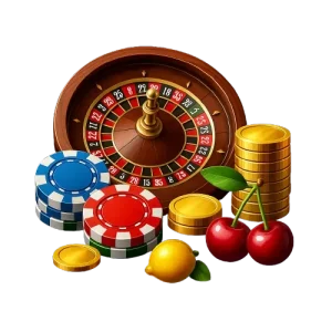 Rulettipyörä, kasinon pelimerkit ja kultakolikot kasinopelien teemakuvassa