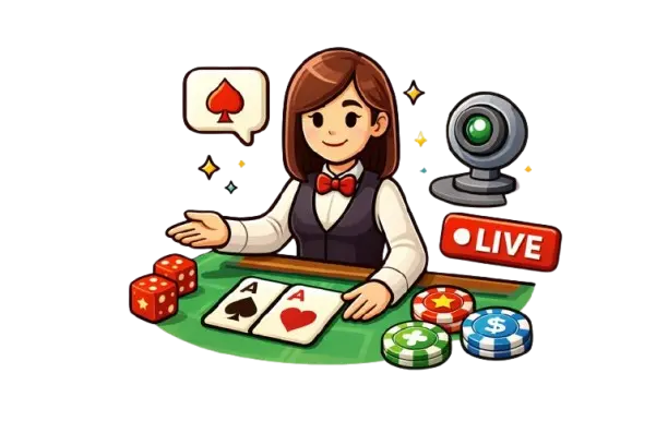 Pelipöytä, jonka ääressä istuu tyttö. Hänen oikealla puolella on web-kamera ja live-kyltti sekä vasemalla punainen pata-symboli