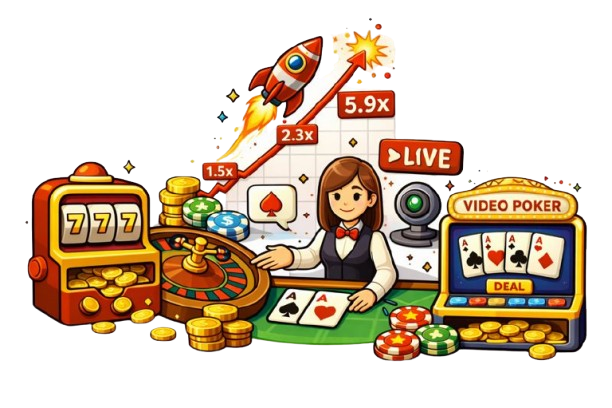 Kuva, josta löytyy suosituimmat kasinopelit kuten ruletti, kolikkopetli ja videopokeri