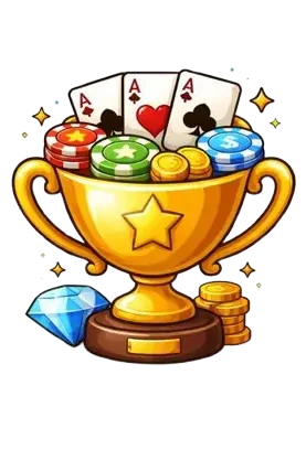 Voittokupoli, joka sisällä pelikortteja, pelimerkkejä ja kolikoita.