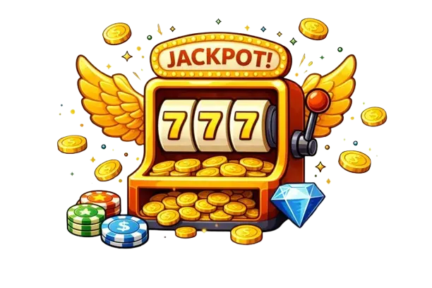 Pelikone, jolla siivet ja edessä kolikoita, pelimerkkejä ja sininen timantti