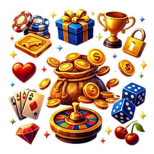 Erilaisia kasinopelaamiseen liittyviä symboleita kuten rahasäkki, rulettipyörä, nopat, kirsikat, timantti, pelikortit, lukko, sydän ja palkintokupoli