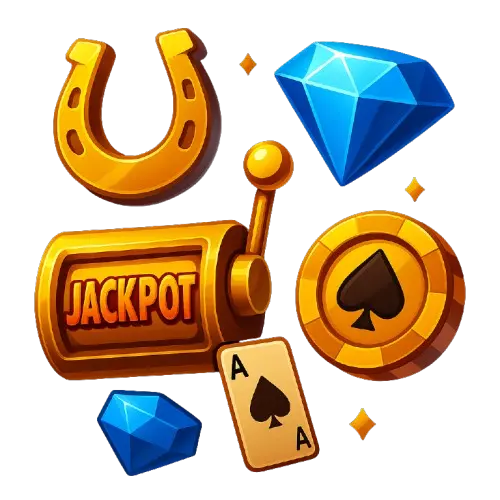 Jackpot kela, sinisiä timantteja, pelikortti, pelimerkki ja hevosenkenkä