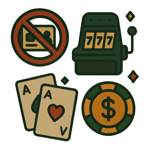 Pelikone, pelikortit, pelimerkki ja pankkikortti, joka on kielletty