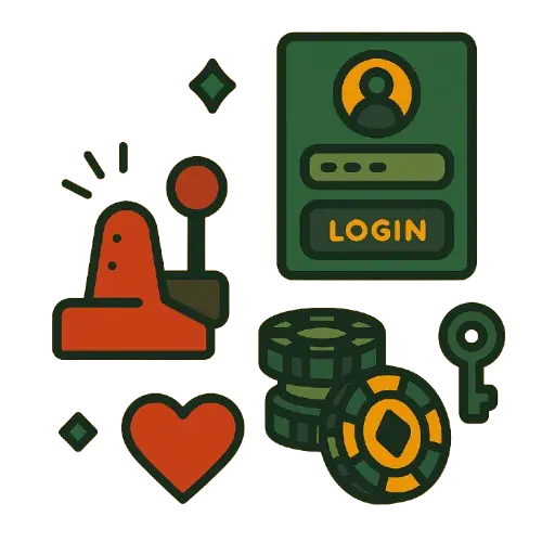 Symboleita, jotka kuvaavat pelaamista kasinolla ilman rekisteröitymistä. Näitä ovat pelimerkki, lukko, pelitili ja sydän.