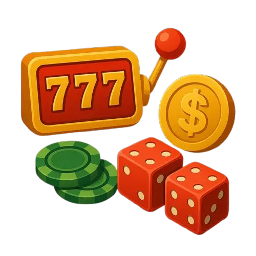 Pelirullat, jossa numerot seitsemän, pelimerkit, nopat ja dollarin kolikko