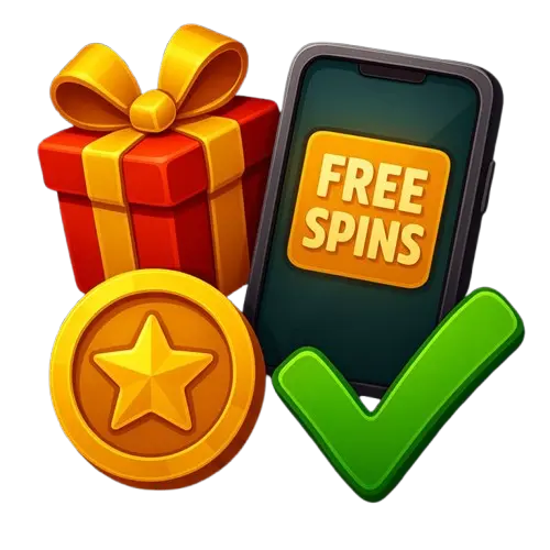 Lahjapaketti, tähtikolikko, vihreä hyväksyntä merkki ja puhelin, jonka näytöllä lukee freespins