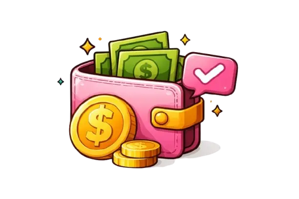 Pinkki lompakko, josta nousee seteleitä ja edessä dollarin kolikko ja kolikkopino