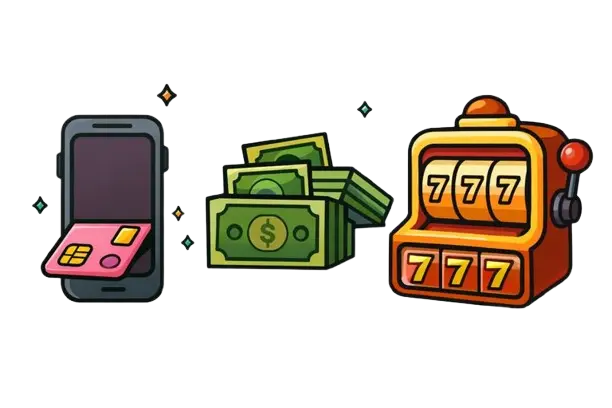 Puhelin, joka sisään on syötetty pankkikortti, seteliniput ja pelikone.