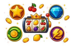 Kuvitus kolikkopelin ominaisuuksista, kuten Wild-, Scatter-, Free Spins- ja Multiplier-toiminnoista.