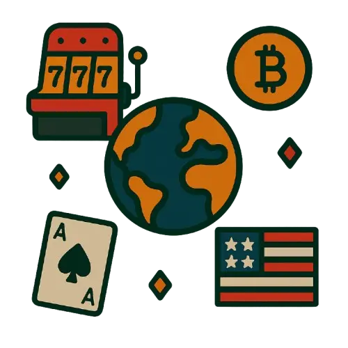 Online casino sivustolla pelaamista kuvaavia symboleita kuten maapallo, pelikone, lippu ja pelikortti