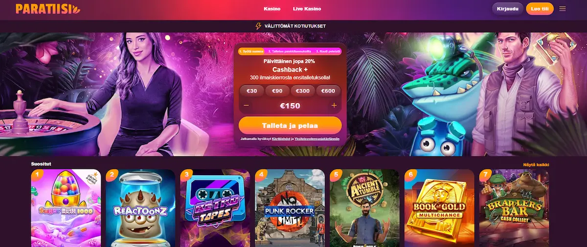 Paratiisi Casinon peliaula, jossa näkyy mahdollisuus talletukseen, tietoa käteishyvityksestä ja tervetulobonuksesta sekä suosituimmat kasinopelit