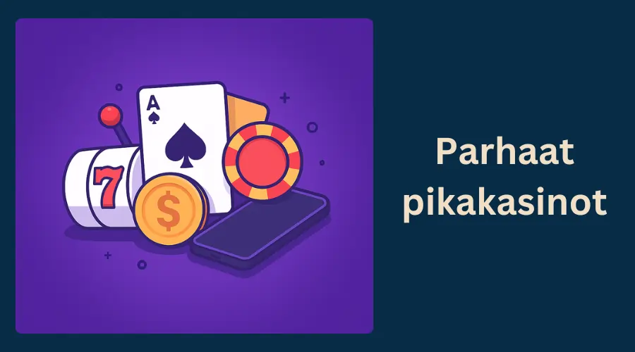 Parhaat pikakasinot artikkelikuva, jossa näkyy erilaisia kasinopelejä ja rahansiirtoihin liittyviä elementtejä.