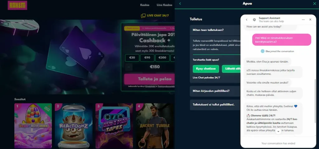 Raketti Casinon asiakaspalvelu