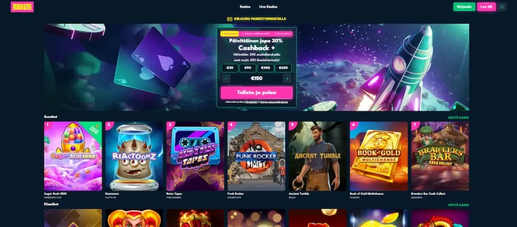 Raketti kasino peliaula, jossa mahdollisuus talletukseen, tietoa bonuksista ja parhaat kolikkopelit