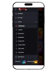 Rooster Bet Casino valikko mobiilissa