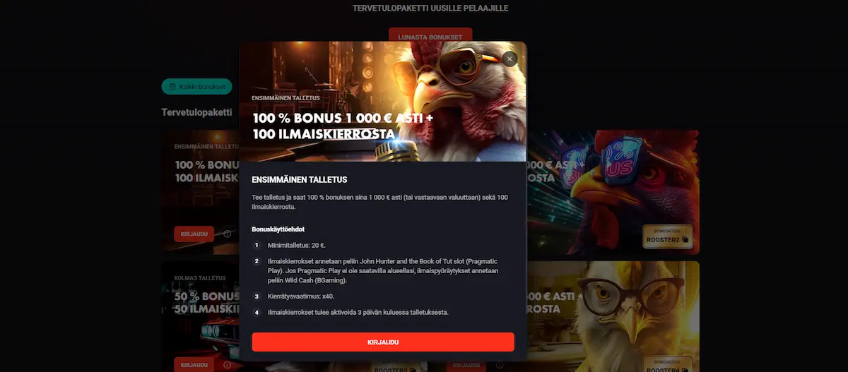 RoosterBet Casino tervetulobonus