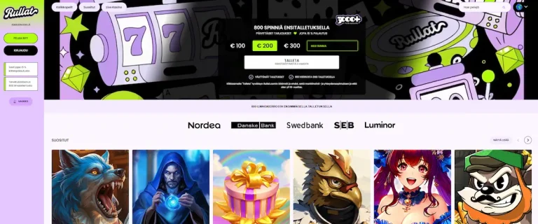 Rullat Casinon peliaula, jossa näkyvät suosituimmat pelit