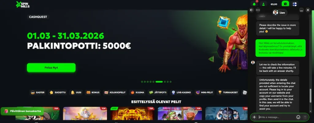 SpinMills Casinon asiakaspalvelu
