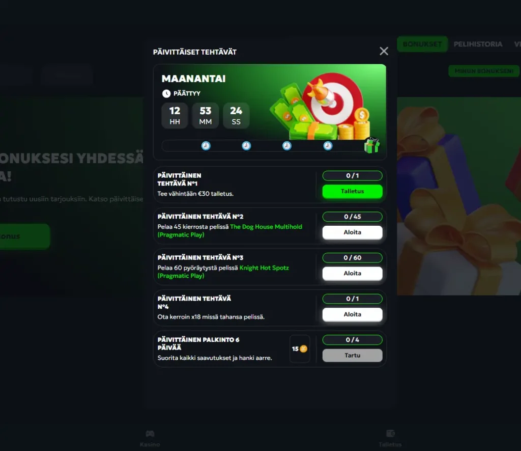 SpinMills Casino päivittäiset tehtävät