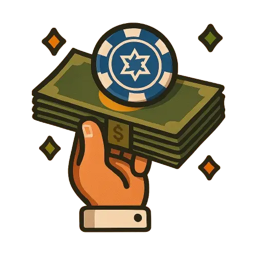 Käsi, jossa nippu seteleitä ja pelimerkki