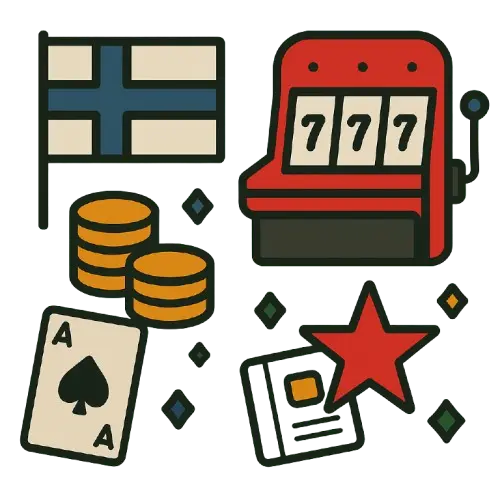 Symboleita, kuten suomenlippu, pelikone, kolikkonippu, pelikortti ja punainen tähti