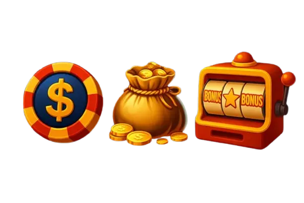 Pelimerkki,rahasäkki ja pelikone, jossa keloilla tähti ja bonus-tekstit