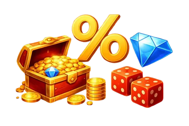 aarrearkku, jossa kolikoita ja timantti, prosenttimerkki, kolikkopino, sininen timantti ja punaiset nopat