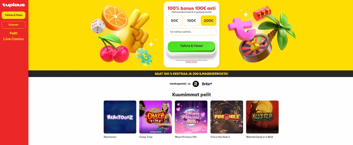 Tuplaus Casinon peliaula, jossa näkyy mahdollisuus talletukseen, tietoa tervetulobonuksesta ja suosituimmista kolikkopeleistä