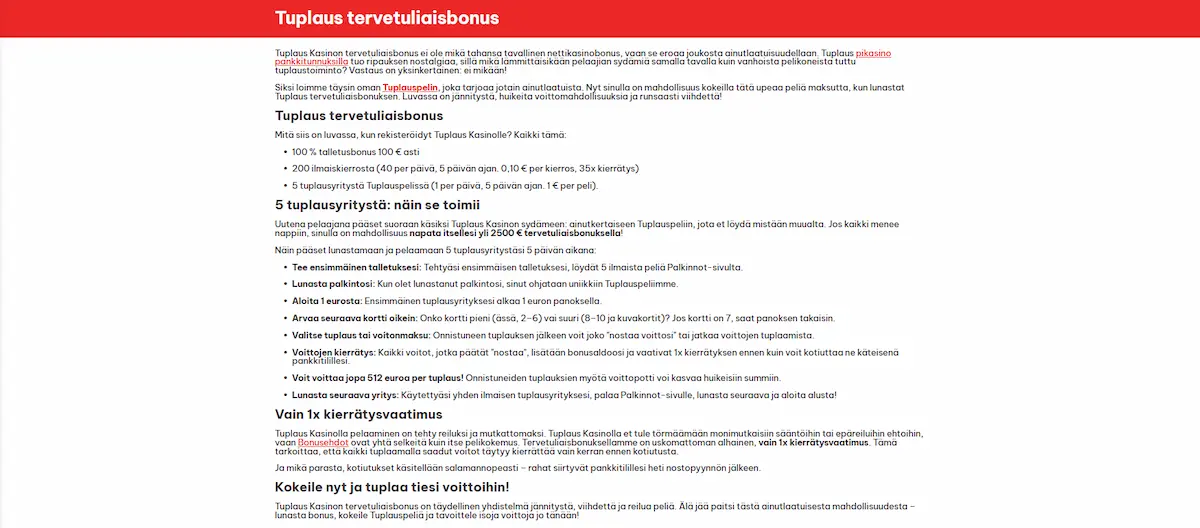 Tuplaus Kasino ja tervetulobonus