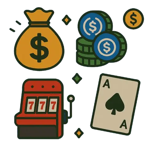 Symboleita, jotka kuvastavat USDC Casinoita. Rahasäkki, pelikone, pelikortit ja kolikkonippu