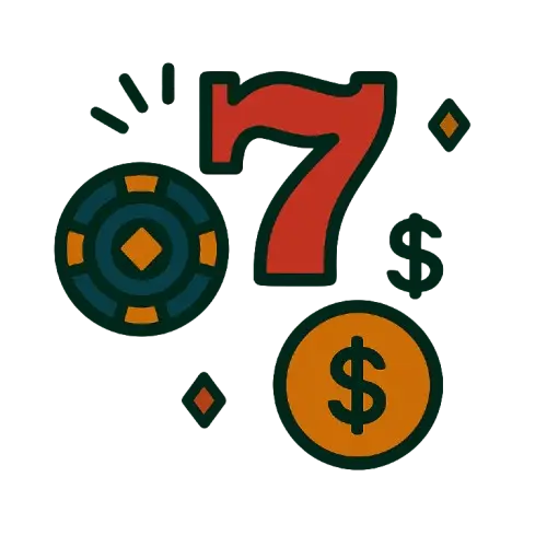usdc kasinoilta löytyviä symboleita kuten pelimerkki, dollarin kolikko ja numero seitsemän