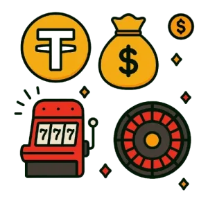 USDT Casinos sivustoihin liittyviä symboleita kuten rahasäkki, kolikkopeli ja ruletti