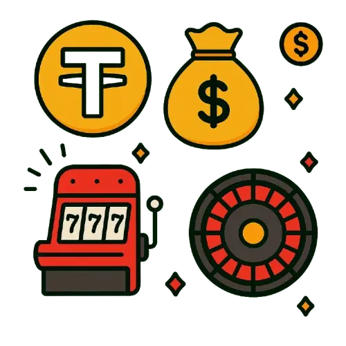USDT Casinos sivustoihin liittyviä symboleita kuten rahasäkki, kolikkopeli ja ruletti