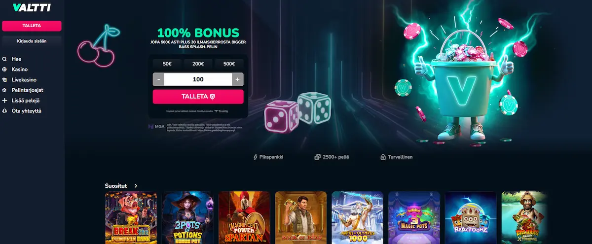 Valtti Casinon peliaula, josta löytyy suositut kolikkopelit. mahdollisuus talletukseen ja tietoa tervetulobonuksesta sekä valikot eri palveluihin kasinolla