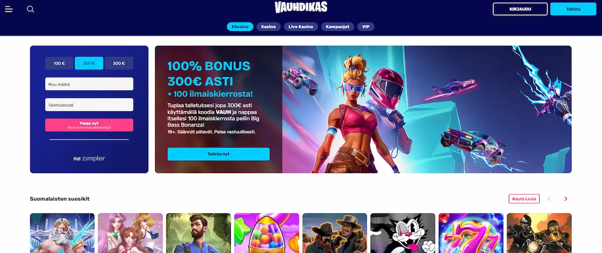 Vauhdikas Kasinon peliaula, jossa löytyy tiedot tervetulobonuksesta, mahdollisuus taleltukseen ja suosituimmat kolikkopelit